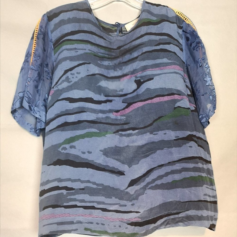 Y2K Vintage Preen Blue Pink Camouflage Print Georgette Silk Patchwork tshirt top - Picture 1 of 11